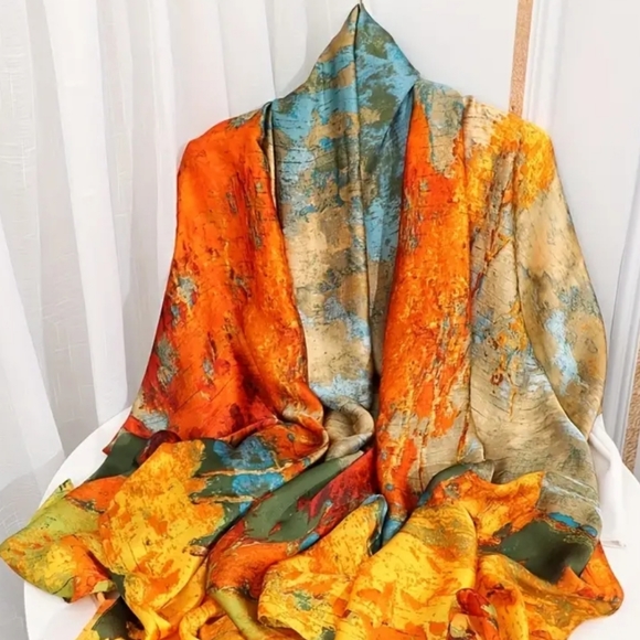 NWT Elegant Retro Landscape Shawl Scarf Wrap Tangerine Orange Teal - Picture 1 of 3